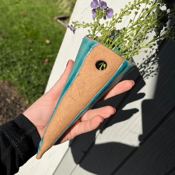 VTG Handmade Studio Pottery Turquoise Bowl & Wall Vase Set Signed - Picture 4 of 9